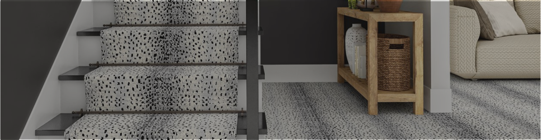 Black and white animal printed stair runner in an entryway